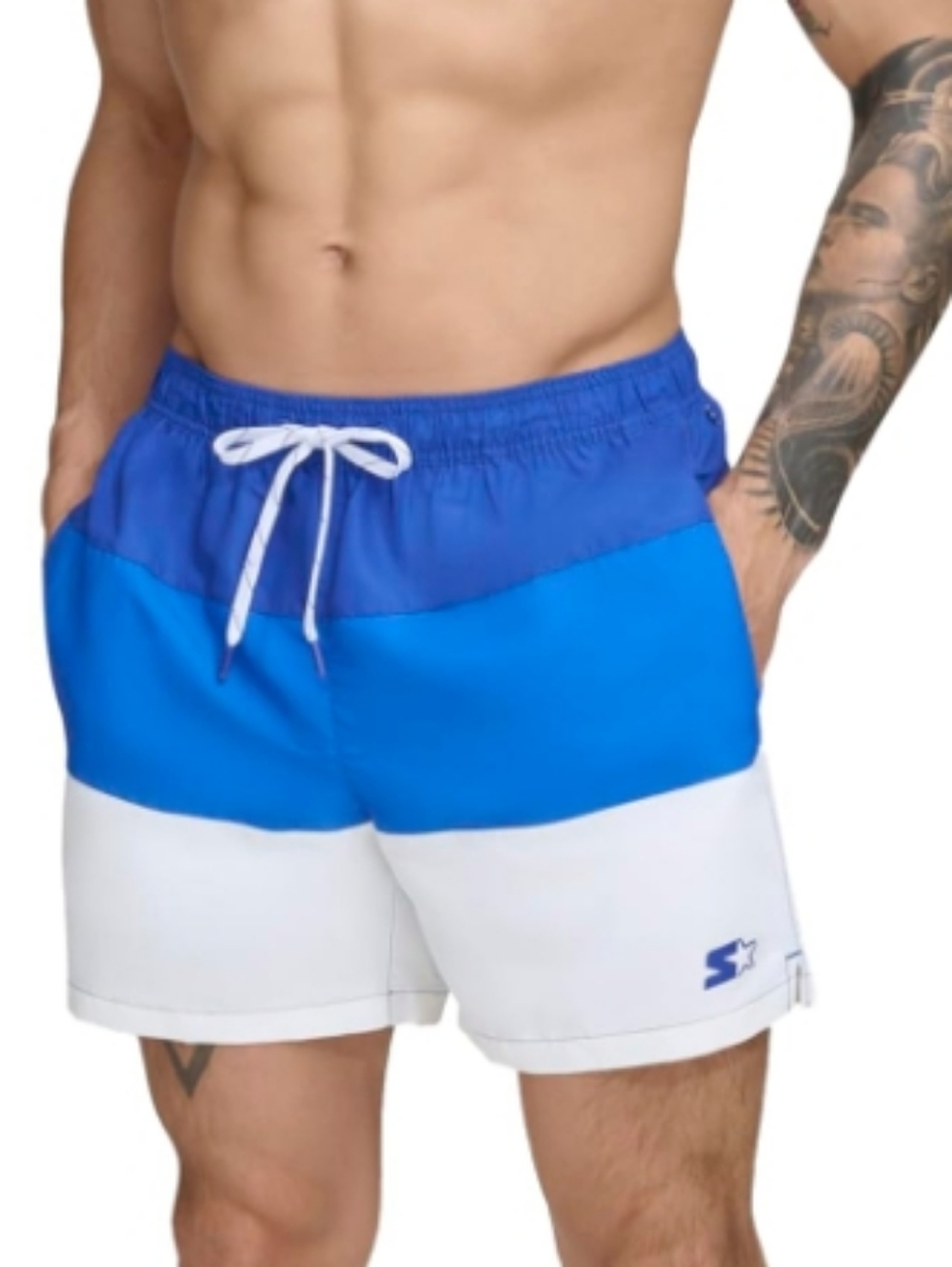 NWT Starter Blue & White Striped Block Swim Trunks Shorts - Size S